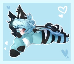 Size: 2048x1767 | Tagged: safe, artist:honkingmother, imported from derpibooru, bat pony, pony, bandaid, bandaid on nose, blushing, clothes, cookie, food, heart, hoodie, looking at you, mouth hold, oreo, socks, solo, striped socks, thigh highs