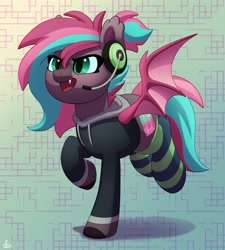 Size: 1800x2000 | Tagged: safe, artist:luminousdazzle, imported from derpibooru, oc, oc only, oc:tourmaline, bat pony, pony, bat pony oc, bat wings, clothes, ear fluff, facial markings, female, gamer, headset, hoodie, mare, ponytail, simple background, socks, solo, wings