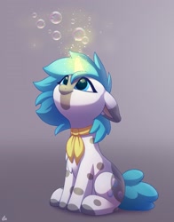 Size: 2200x2800 | Tagged: safe, artist:luminousdazzle, imported from derpibooru, oc, oc only, oc:soap bubbles, pony, unicorn, bubble, high res, looking up, markings, neckerchief, solo, spots