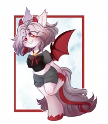 Size: 1784x2048 | Tagged: safe, artist:honkingmother, imported from derpibooru, oc, oc only, anthro, bat pony, demon, demon pony, original species, unguligrade anthro, bat wings, bell, blouse, clothes, grin, horns, midriff, ribbon, see-through, shorts, smiling, solo, wings