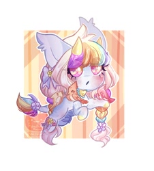 Size: 808x892 | Tagged: safe, artist:honkingmother, imported from derpibooru, oc, oc only, bird, bow, braid, chibi, hair bow, horns, leonine tail, solo