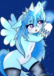Size: 2480x3508 | Tagged: safe, artist:anykoe, imported from derpibooru, oc, oc only, alicorn, semi-anthro, alicorn oc, clothes, high res, horn, magic, snow, snowfall, snowflake, socks, solo, wings