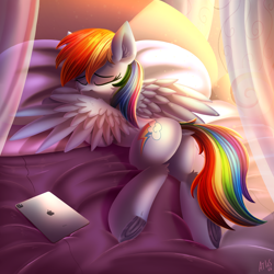 Size: 5000x5000 | Tagged: safe, alternate version, artist:atlas-66, imported from derpibooru, rainbow dash, pegasus, pony, adorasexy, bed, butt, clothes, cute, day, dock fluff, eyes closed, female, frog (hoof), grooming, ipad, lying down, mare, plot, prone, rainbutt dash, see-through, sexy, socks, solo, stupid sexy rainbow dash, tablet, thigh highs, underhoof, wings