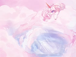 Size: 2048x1530 | Tagged: safe, artist:honkingmother, imported from derpibooru, oc, oc only, pony, unicorn, cloud, colored horn, curved horn, horn, lying down, lying on a cloud, on a cloud, solo