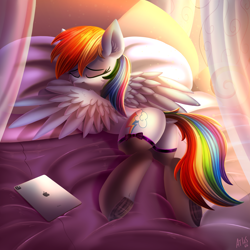 Size: 5000x5000 | Tagged: safe, alternate version, artist:atlas-66, imported from derpibooru, rainbow dash, pegasus, pony, adorasexy, bed, butt, clothes, cute, day, dock, dock fluff, eyes closed, female, frog (hoof), grooming, ipad, lying down, mare, plot, prone, rainbutt dash, see-through, sexy, socks, solo, stockings, stupid sexy rainbow dash, tail, thigh highs, underhoof, wings