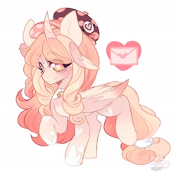 Size: 1920x1920 | Tagged: safe, artist:honkingmother, imported from derpibooru, oc, oc only, alicorn, pony, blushing, cap, hat, heart eyes, looking at you, smiling, solo, wingding eyes