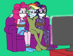 Size: 1544x1201 | Tagged: safe, artist:bugssonicx, imported from derpibooru, pinkie pie, rainbow dash, sci-twi, twilight sparkle, equestria girls, arm behind back, bondage, bound and gagged, cloth gag, clothes, couch, footed sleeper, footie pajamas, gag, help us, nightgown, onesie, otn gag, over the nose gag, pajamas, rope, rope bondage, sleepover, slumber party, smiling, socks, stocking feet, television, tied up