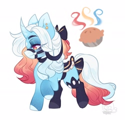 Size: 1920x1920 | Tagged: safe, artist:honkingmother, imported from derpibooru, oc, oc only, pony, unicorn, bow, bridle, curved horn, ear piercing, earring, food, hair bow, horn, jewelry, lidded eyes, pie, piercing, saddle, smiling, solo, tack, tail bow