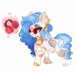 Size: 1920x1920 | Tagged: safe, artist:honkingmother, imported from derpibooru, oc, oc only, hybrid, pony, zony, bracelet, colored hooves, ear piercing, earring, eyeshadow, headphones, jewelry, lidded eyes, makeup, neck rings, necklace, piercing, quadrupedal, ring, simple background, solo, sunglasses, tail, tail ring, unshorn fetlocks, white background, zoomorphic