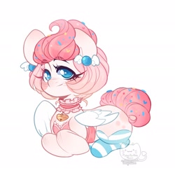 Size: 1920x1920 | Tagged: safe, artist:honkingmother, imported from derpibooru, oc, oc only, pegasus, pony, bell, choker, clothes, ear piercing, earring, food, jewelry, looking at you, piercing, smiling, socks, solo, sprinkles, striped socks, thigh highs