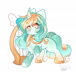 Size: 1920x1920 | Tagged: safe, artist:honkingmother, imported from derpibooru, oc, oc only, pony, unicorn, artificial wings, augmented, blushing, clothes, curved horn, harp, heart eyes, horn, looking at you, magic, magic wings, musical instrument, smiling, socks, solo, wingding eyes, winged hooves, wings