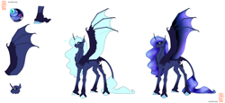 Size: 5000x2300 | Tagged: safe, artist:anelaponela, imported from derpibooru, princess luna, alicorn, pony, bat wings, cheek fluff, colored wings, ear fluff, ethereal mane, fangs, female, freckles, headcanon, horn, hybrid wings, leonine tail, looking at you, redesign, reference sheet, simple background, slit eyes, slit pupils, solo, starry mane, starry wings, travelersverse, wings