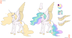 Size: 4400x2360 | Tagged: safe, artist:anelaponela, imported from derpibooru, princess celestia, alicorn, pony, cheek fluff, ear fluff, female, freckles, headcanon, horn, leonine tail, looking at you, redesign, reference sheet, simple background, smiling, smiling at you, solo, travelersverse, wings