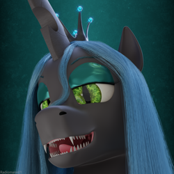 Size: 3840x3840 | Tagged: safe, artist:radiomann01, imported from derpibooru, queen chrysalis, changeling, changeling queen, 3d, blender, blender cycles, fangs, female, high res, looking at you, mawshot, open mouth, render, sharp teeth, simple background, smiling, smug, solo, teeth, uvula