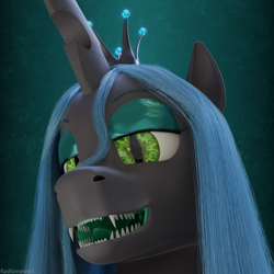 Size: 3840x3840 | Tagged: safe, alternate version, artist:radiomann01, imported from derpibooru, queen chrysalis, changeling, changeling queen, 3d, blender, blender cycles, fangs, female, high res, looking at you, mawshot, open mouth, render, sharp teeth, simple background, smiling, smug, solo, teeth, uvula