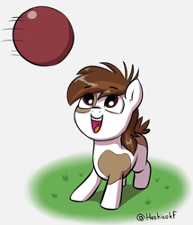 Size: 1812x2108 | Tagged: safe, artist:heretichesh, imported from derpibooru, pipsqueak, earth pony, pony, ball, behaving like a dog, coat markings, colt, cute, dodgeball, grass, happy, male, open mouth, pinto, smiling, squeakabetes