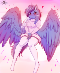 Size: 2180x2620 | Tagged: safe, artist:shan3ng, imported from derpibooru, oc, oc only, oc:dark moon silver, alicorn, anthro, clothes, female, high res, socks, solo, stockings, sweater, thigh highs, zettai ryouiki