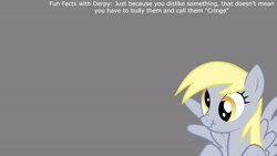 Size: 1920x1080 | Tagged: safe, imported from derpibooru, derpy hooves, pegasus, fun fact, gray background, scrunchy face, simple background, text