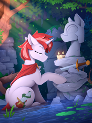 Size: 1820x2438 | Tagged: safe, artist:yakovlev-vad, imported from derpibooru, imported from ponybooru, oc, oc only, oc:mercy, pony, unicorn, branches, candle, candlelight, clothes, concave belly, crepuscular rays, crying, cute, cutie mark, eyebrows, eyes closed, grass, grave, gravestone, leaves, lilypad, no mouth, patreon, patreon reward, pond, ruins, shrine, slim, solo, statue, sword, thin, tree, tree branch, two toned mane, water, weapon, white coat