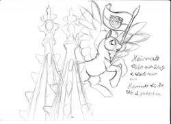 Size: 1752x1275 | Tagged: safe, artist:silbernepegasus, imported from derpibooru, oc, oc only, oc:northice, pegasus, pony, art, cathedral, cathedral towers, drawing, flag, home, home is, mlpoc, northice, solo, traditional art