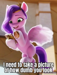 Size: 717x945 | Tagged: safe, edit, edited screencap, imported from derpibooru, screencap, pipp petals, pegasus, pony, spoiler:g5, spoiler:my little pony: a new generation, 3d, caption, cellphone, female, g5, image macro, mare, my little pony: a new generation, phone, pipp, smartphone, solo, text