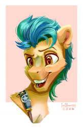 Size: 1280x1969 | Tagged: safe, artist:teaflower300, imported from derpibooru, hitch trailblazer, earth pony, pony, abstract background, cheek fluff, ear fluff, g5, male, open mouth, smiling, solo, stallion, teeth