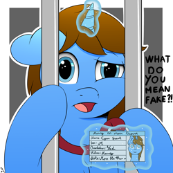 Size: 2000x2000 | Tagged: safe, artist:h3nger, imported from derpibooru, oc, oc only, oc:cyan spark, pony, unicorn, bars, high res, horny on main, id card, jail, lanyard, levitation, license, magic, male, solo, stallion, telekinesis