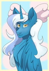 Size: 720x1048 | Tagged: safe, artist:doodlecrazy99, imported from derpibooru, oc, oc:fleurbelle, alicorn, alicorn oc, bow, chest fluff, ear fluff, female, hair bow, horn, mare, wings, yellow eyes