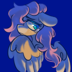 Size: 540x540 | Tagged: safe, artist:occultusion, artist:onionpwder, imported from derpibooru, fluttershy, pegasus, pony, blue background, bust, crying, female, floppy ears, freckles, looking at you, mare, profile, sad, simple background, solo, spread wings, teary eyes, two toned wings, wings