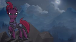 Size: 2560x1440 | Tagged: safe, artist:kirdim4ik, imported from derpibooru, tempest shadow, pony, unicorn, angry, looking at you, moon, moonlight, mountain, night, raised hoof, rock, wallpaper