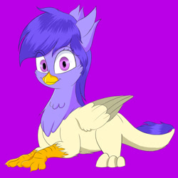 Size: 1280x1280 | Tagged: safe, artist:joaothejohn, imported from derpibooru, oc, oc only, griffon, female, griffon oc, looking at you, lying down, prone, purple background, quadrupedal, simple background, smiling, solo, zoomorphic