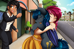 Size: 4400x2933 | Tagged: safe, artist:pridark, imported from derpibooru, roseluck, oc, oc:janet (fine print), oc:spark gap, bat pony, human, fanfic:fine print, bat pony oc, bat wings, canon x oc, city, cityscape, clothes, crying, dress, fanfic art, grin, hug, human world, humanized, police, rosegap, smiling, species swap, tears of joy, teary eyes, wings