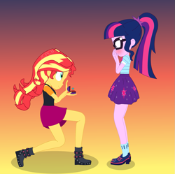 Size: 1081x1078 | Tagged: safe, artist:jcpreactyt, imported from derpibooru, sci-twi, sunset shimmer, twilight sparkle, equestria girls, equestria girls series, blushing, clothes, diamond ring, female, hair, hairpin, hands on mouth, lesbian, lovers, marriage proposal, ponytail, school uniform, scitwishimmer, shipping, shirt, skirt, smiling, sunsetsparkle, together forever