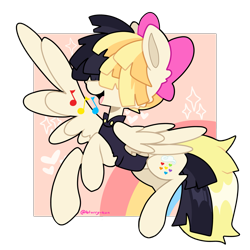Size: 2619x2619 | Tagged: safe, artist:blurry-kun, imported from derpibooru, songbird serenade, pegasus, pony, my little pony: the movie, bow, clothes, commission, commissioner:reversalmushroom, cute, female, flying, hair bow, hair over eyes, happy, heart, high res, mare, music notes, open mouth, rainbow, singing, songbetes