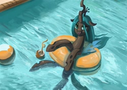 Size: 2048x1448 | Tagged: safe, artist:toisanemoif, imported from derpibooru, queen chrysalis, changeling, changeling queen, pony, cute, cutealis, female, inner tube, looking at you, mare, pool toy, solo, swimming pool, water