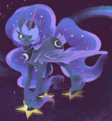 Size: 1377x1494 | Tagged: safe, artist:tinykirin, derpibooru exclusive, imported from derpibooru, princess luna, alicorn, pony, colored pupils, fanart, female, horn, mare, solo, space, spread wings, stars, tangible heavenly object, unshorn fetlocks, wings