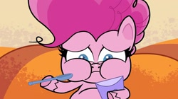 Size: 1440x808 | Tagged: safe, imported from derpibooru, screencap, pinkie pie, pony, my little pony: pony life, spoiler:pony life s02e06, chubby cheeks, comfort eating, eating, fat, female, g4.5, hoof hold, mare, pony life, pudgy pie, puffy cheeks, sad, spoon, the tiara of truth