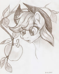 Size: 1621x2021 | Tagged: safe, artist:awalex, imported from derpibooru, applejack, earth pony, pony, worm, apple, food, fruit, open mouth, pencil drawing, solo, traditional art, tree