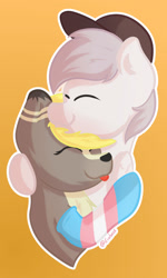 Size: 1024x1702 | Tagged: safe, artist:exobass, imported from derpibooru, oc, oc only, oc:canvas, oc:seleno, pegasus, pony, :p, cap, clothes, cuddling, doe, eyes closed, female, hat, hug, socks, tongue out, transgender