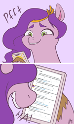 Size: 2101x3500 | Tagged: safe, artist:dorpapu, artist:jafsheep, imported from derpibooru, pipp petals, pegasus, pony, adorapipp, biting, cellphone, comic, cute, dialogue, drama, female, g5, high res, hoof hold, laughing, lip bite, mare, meta, open mouth, phone, pipp, purple background, simple background, smartphone, text, that pony sure does love phones, twitter, unshorn fetlocks