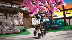 Size: 2560x1440 | Tagged: safe, artist:mysticalpha, imported from derpibooru, oc, oc:shiro reisu, dragon, armor, castle, cherry blossoms, flower, flower blossom, japanese, katana, samurai, sword, weapon