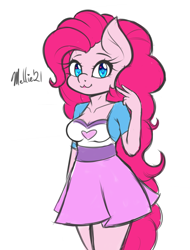 Size: 800x1050 | Tagged: safe, artist:melliedraws, imported from derpibooru, pinkie pie, anthro, earth pony, :3, breasts, busty pinkie pie, cleavage, clothes, equestria girls outfit, heart eyes, heart nostrils, looking at you, peace sign, simple background, solo, white background, wingding eyes
