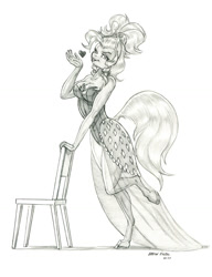 Size: 1000x1303 | Tagged: safe, artist:baron engel, imported from derpibooru, applejack, anthro, earth pony, unguligrade anthro, applejewel, blowing a kiss, breasts, busty applejack, chair, cleavage, clothes, colored hooves, dress, grayscale, heart, leotard, looking at you, monochrome, pencil drawing, raised leg, simple background, traditional art, white background