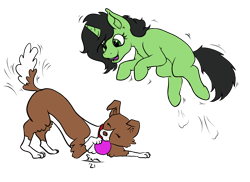 Size: 3118x2267 | Tagged: safe, artist:scoundrel scaramouche, imported from derpibooru, winona, oc, oc:green, dog, pony, unicorn, fanfic:trust once lost, ball, blank flank, cute, female, filly, foal, high res, jumping, playing, simple background, story, story included, transparent background