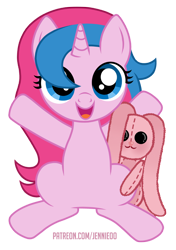 Size: 844x1200 | Tagged: safe, artist:jennieoo, imported from derpibooru, oc, oc only, oc:star sparkle, pony, rabbit, unicorn, animal, female, filly, foal, happy, hug, hugs needed, plushie, show accurate, simple background, smiling, solo, toy, transparent background, vector