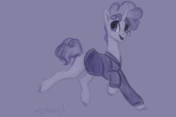 Size: 2048x1365 | Tagged: safe, artist:violettacamak, imported from ponybooru, oc, oc:boysenberry, pony, unicorn, clothes, monochrome, short tail, solo, sweater, two toned mane, two toned tail, unshorn fetlocks