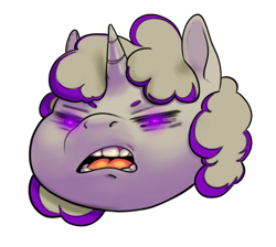 Size: 960x862 | Tagged: safe, artist:oops, imported from ponybooru, oc, oc:boysenberry, pony, unicorn, disgusted, glowing eyes, horn, purple eyes, simple background, transparent background, two toned mane, unicorn oc, white coat