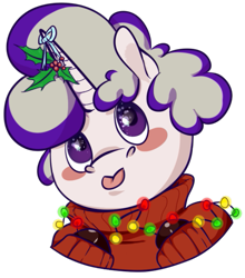 Size: 527x600 | Tagged: safe, artist:roselittleanon, imported from ponybooru, oc, oc:boysenberry, pony, unicorn, blepping, blushing, christmas, christmas lights, christmas sweater, clothes, holiday, horn, mistletoe, purple eyes, simple background, sweater, transparent background, two toned mane, unicorn oc, unshorn fetlocks, white coat