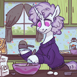 Size: 3600x3600 | Tagged: safe, artist:violettacamak, imported from ponybooru, rainbow dash, oc, oc:boysenberry, pony, unicorn, bipedal, clothes, cooking, cum jar, horn, jar, kitchen, purple eyes, sweater, two toned mane, two toned tail, unicorn oc, unshorn fetlocks, white coat