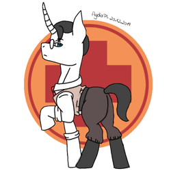 Size: 768x768 | Tagged: safe, artist:agdapl, imported from derpibooru, pony, unicorn, boots, clothes, glasses, horn, male, medic, raised hoof, shoes, signature, solo, stallion, team fortress 2